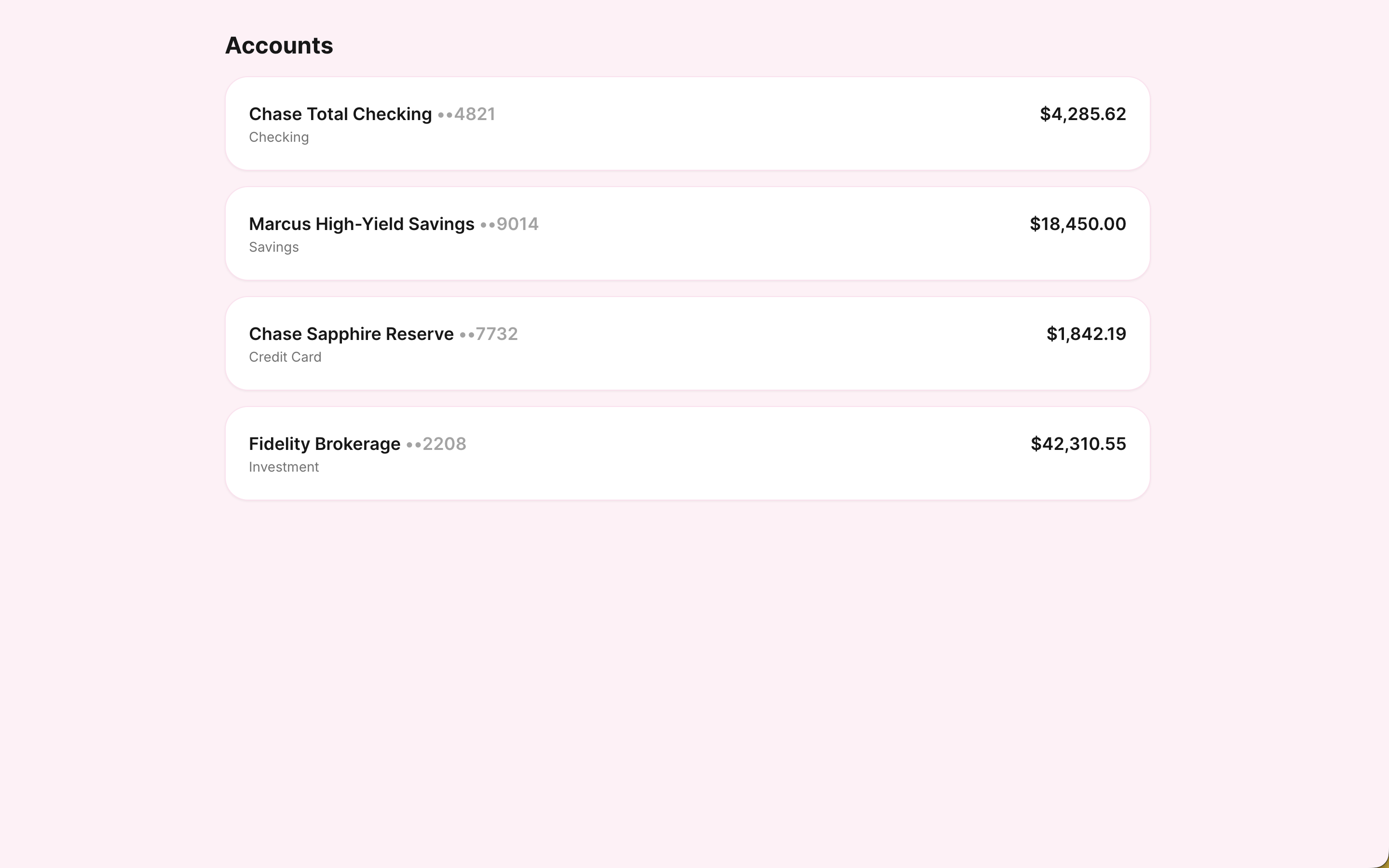 Piggy account list with checking, savings, credit card, and loan balances